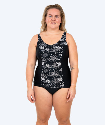 Watery uimapuku plus size naisille kukkakuviolla - Vale - Musta/Valkoinen